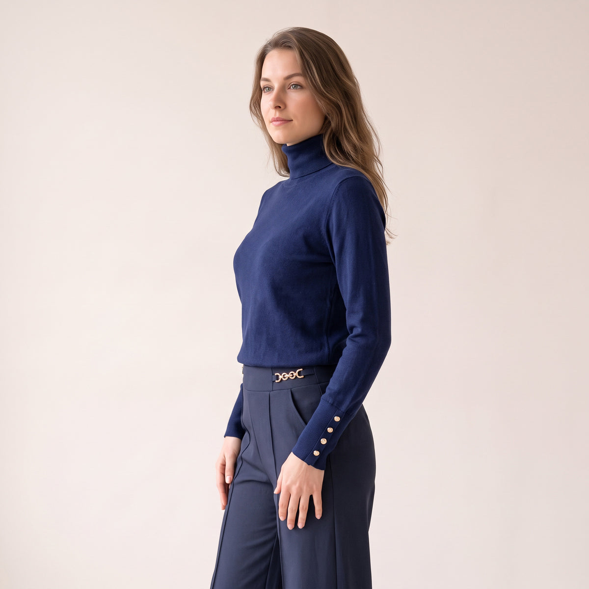 Women's Burgundy & Blue Turtle Neck Sweater With Buttons on Sleeves