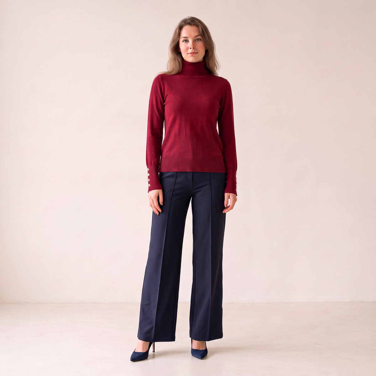 Women's Burgundy & Blue Turtle Neck Sweater With Buttons on Sleeves