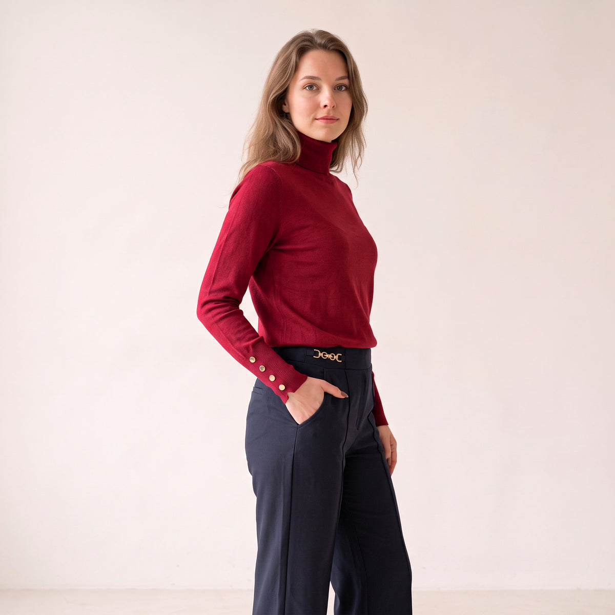 Women's Burgundy & Blue Turtle Neck Sweater With Buttons on Sleeves