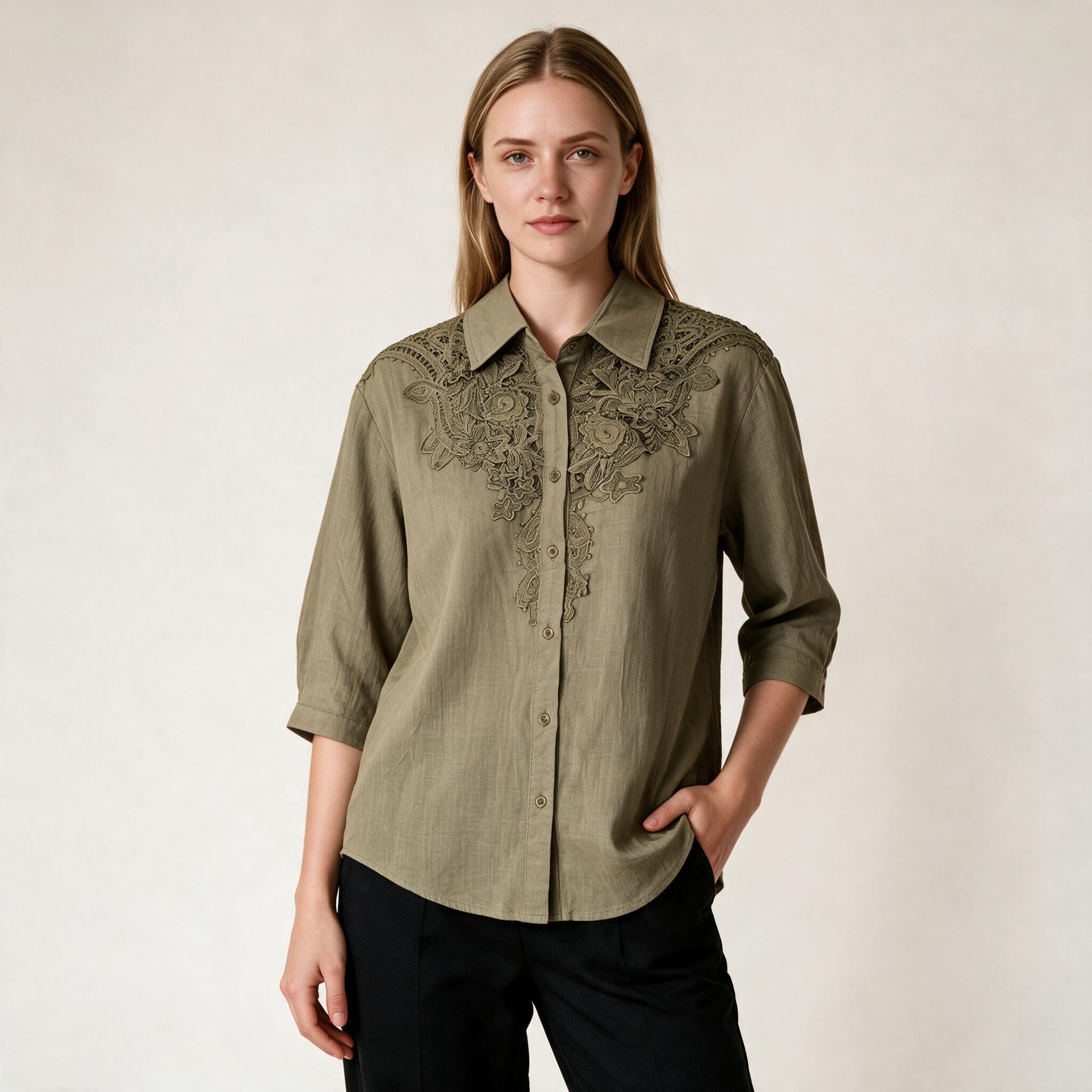 Women's Embroidery Button Down  Top Size M, UK 12 14