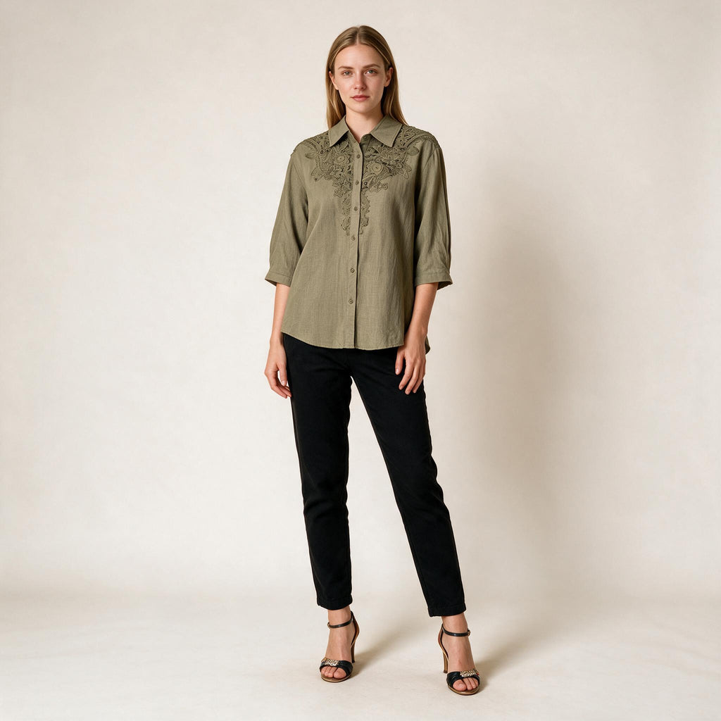 Women's Embroidery Button Down  Top Size M, UK 12 14